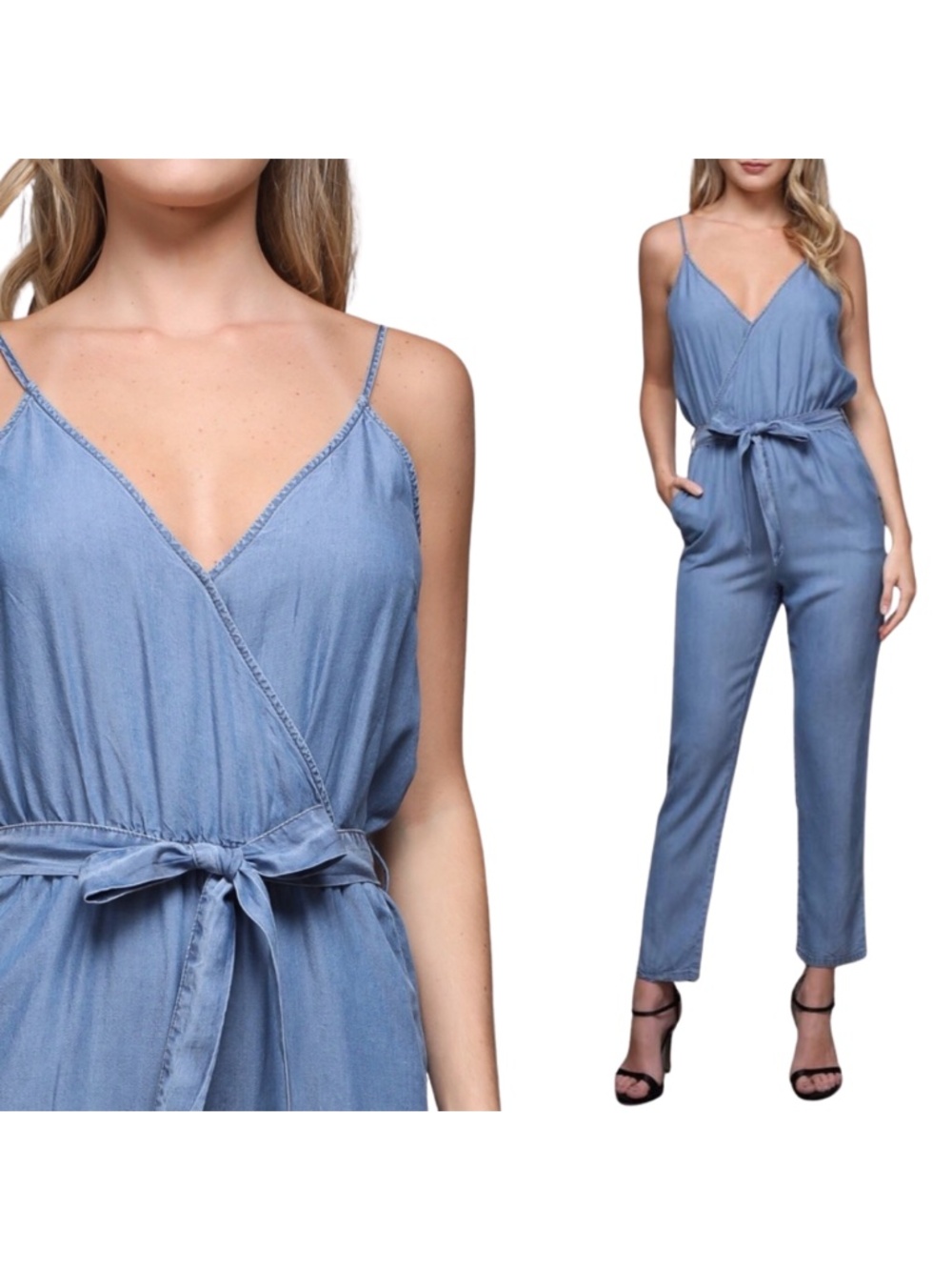NWT DO + BE Chambray Jumpsuit Women’s Small Blue Tencel Wrap Tie Waist